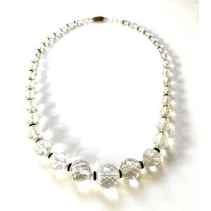 Art Deco Crystal Necklace Graduated Faceted Black Spacers Brass Clasp
